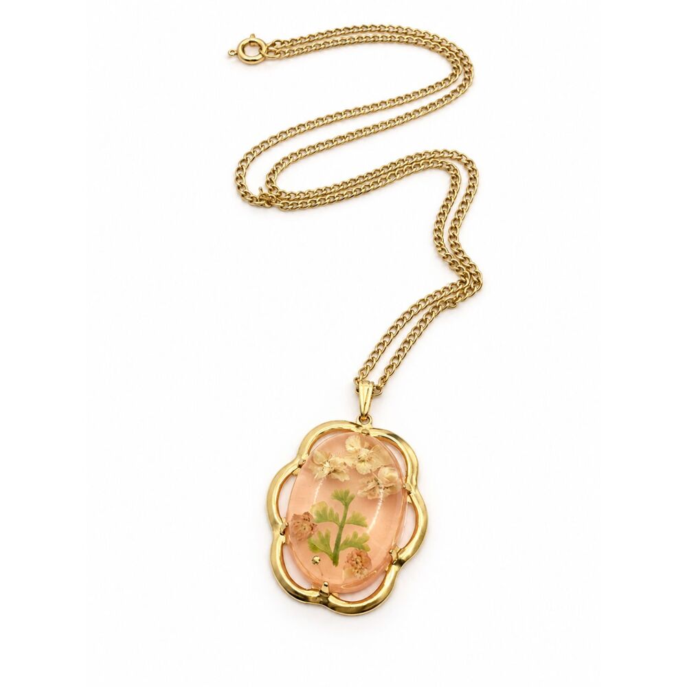 VINTAGE LUCITE FLOWER Necklace Gold Oval Pendant Pink Floral Resin Boho Cottage